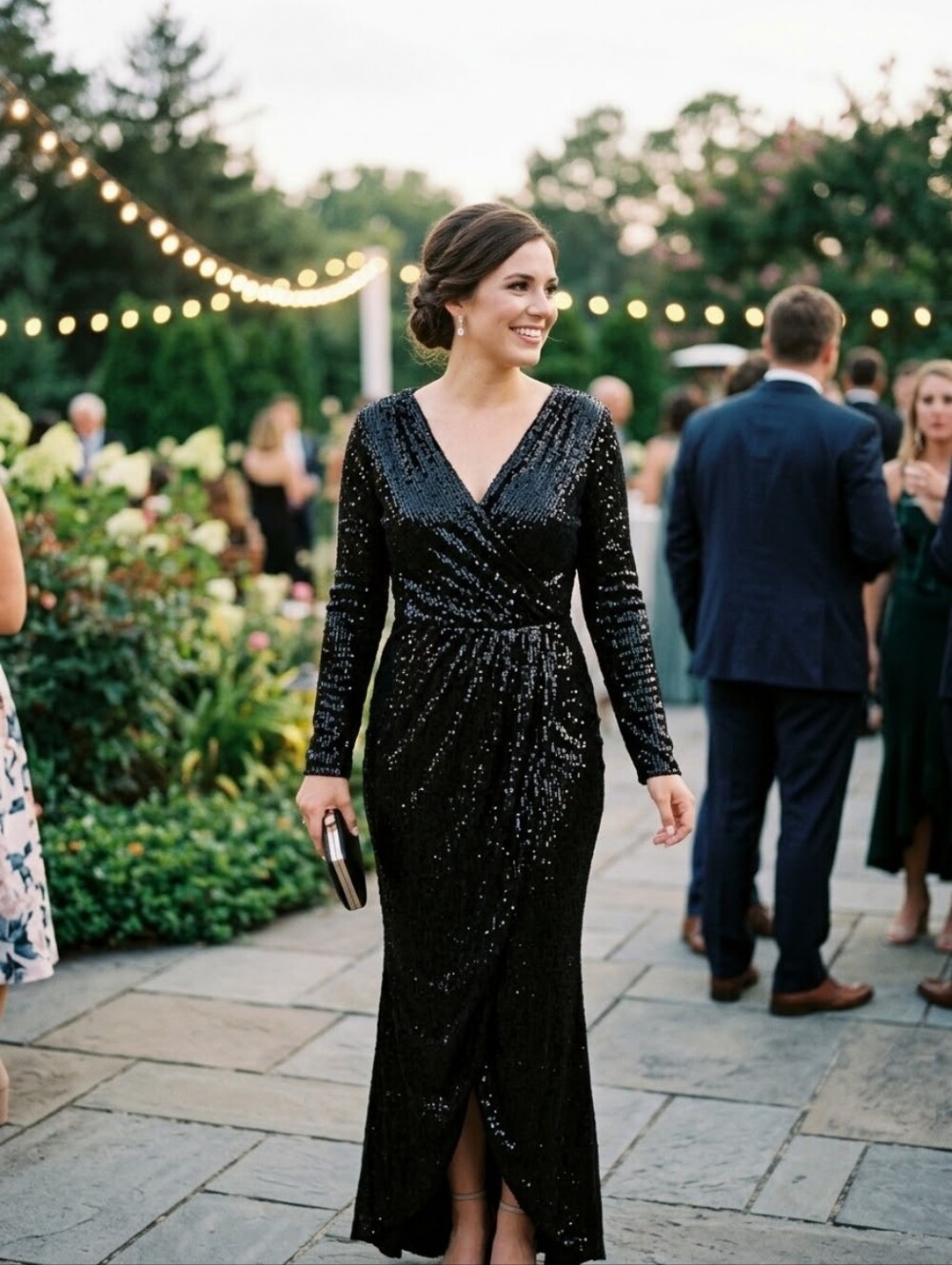 CBR Womens XL Black Sequin Long Sleeve High Low Evening Dress Gown